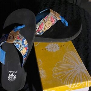 Yellow Box Black and Blue Sandals with Vibrant Design